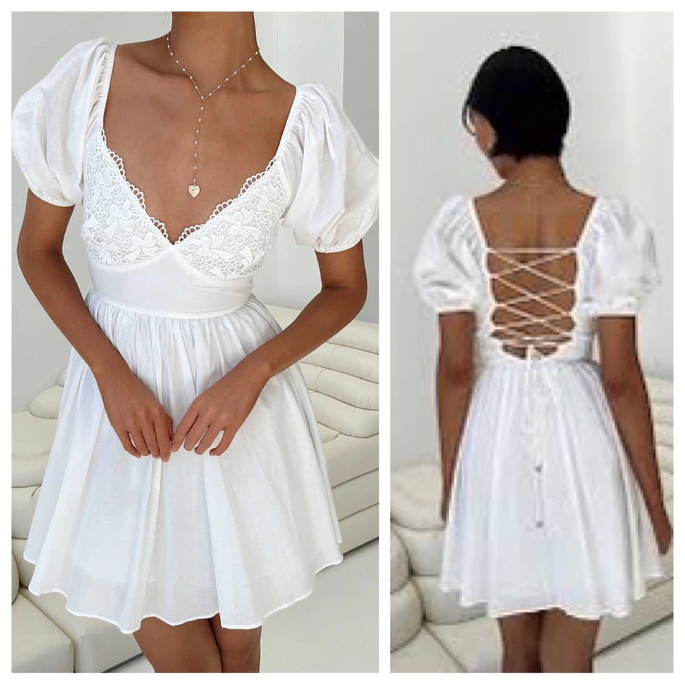 Princess Polly Krysten Mini Dress Sz 0 NEW 100% Cotton Puff Sleeves